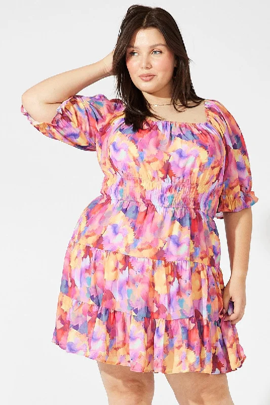 YEAR-End Sale Multi Abstract Gather Detail Minidress