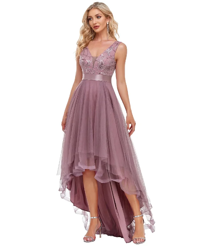 Incredible Offers Sleeveless V-back Tulle High-Low Sequin Appliques Evening Dresses | Purple Orchid