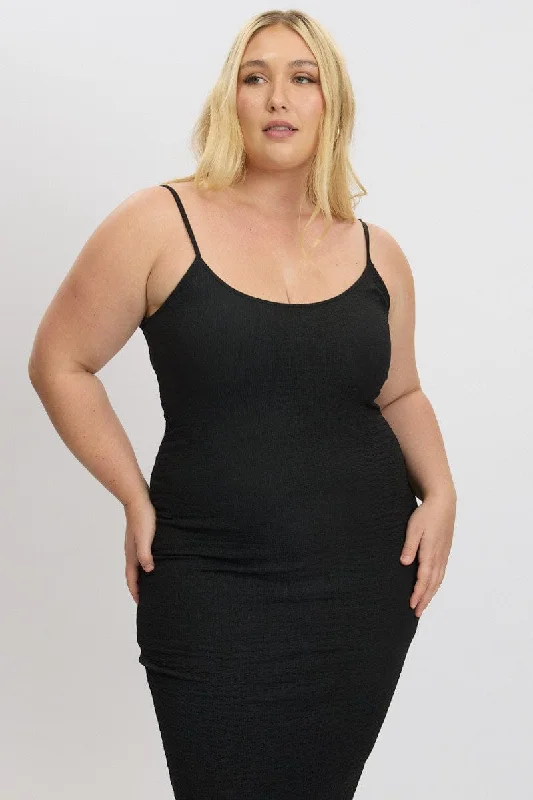 Factory Direct Sale Black Bubble Texture Strappy Bodycon Scoop Neck Dress