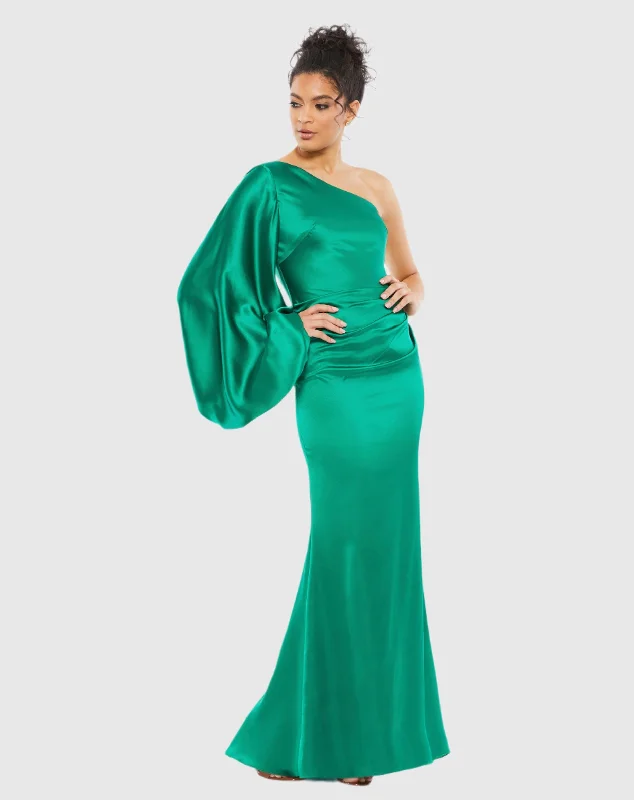 Price Cut Green Satin Puff Sleeve Gown
