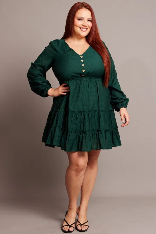 Limited Quantity Green Button Through Long Sleeve Dress