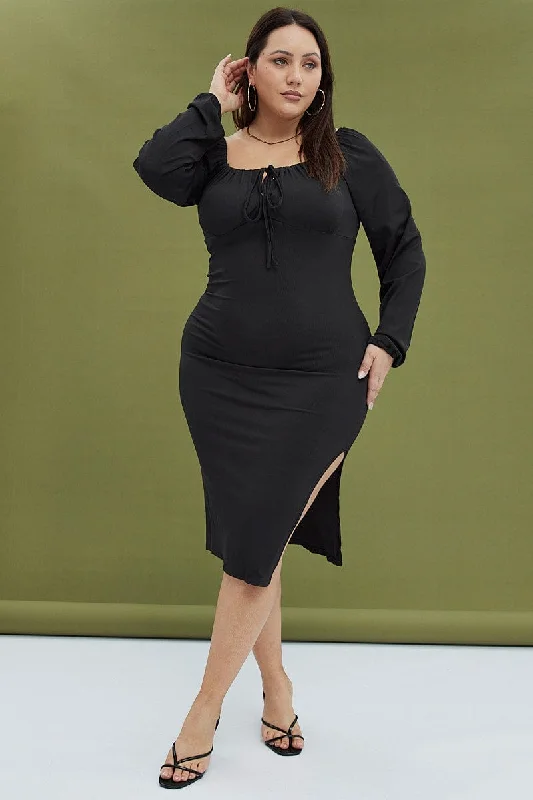 Limited Availability Black Bodycon Dress Rib Jersey Tie Midi Off Shoulder