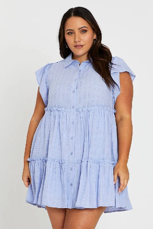 Price Slash Blue Short Frill Sleeve Textured Frill Black Shirtdress