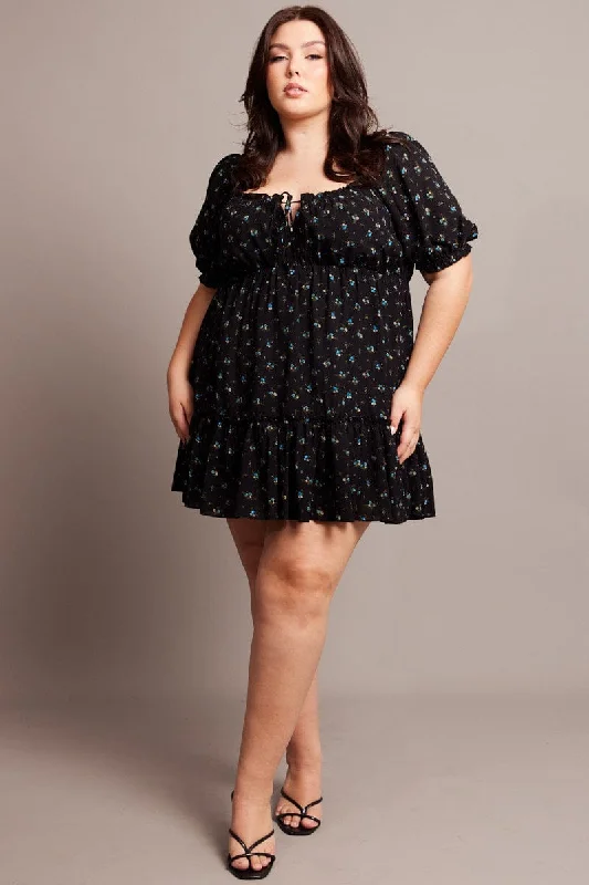 Midnight Sale Black Ditsy Tie Front Mini Dress