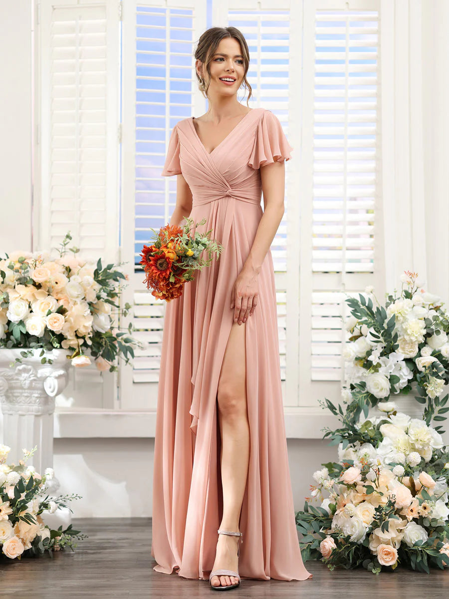 Final Sale A-Line V-Neck Short Sleeves Split Side Chiffon Bridesmaid Dresses