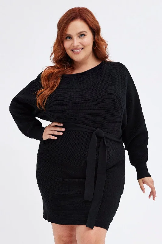 Last Chance Black Knit Dress Off Shoulder Tie Waist