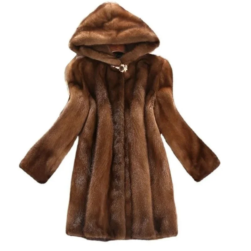 Sneak Peek Sale LAUTARO Women's Fine Fashion Luxury Style Long Hooded Faux Fur Brown Coat Jacket