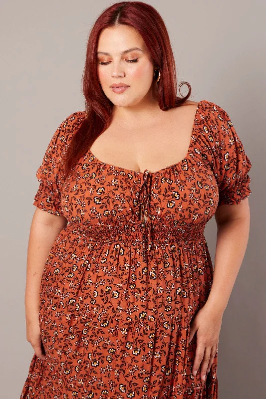 Warehouse Sale Brown Boho Maxi Dress Short Sleeve Cut Out Tiered