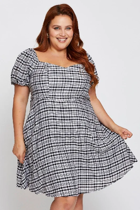 Midnight Sale Check Short Bubble Sleeve Skater Dress
