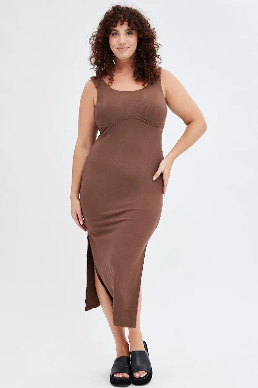 Members Only Brown Bodycon Dress Rib Jersey Sleeveless Midi