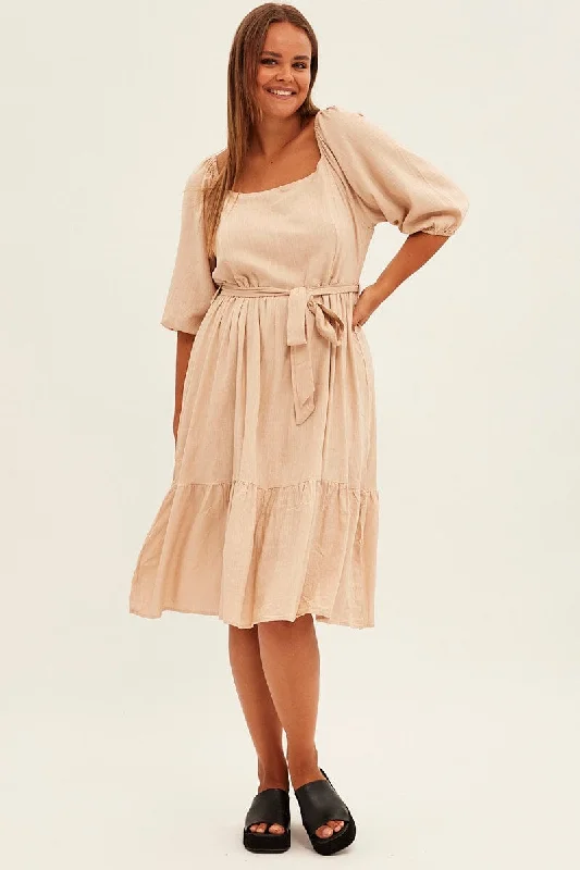 Flash Sale Beige Midi Dress Puff Sleeve Belt Frill Hem