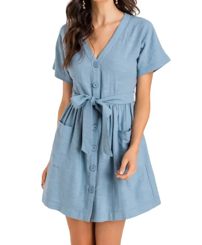 Online Only Button Tie Mini Dress In Blue