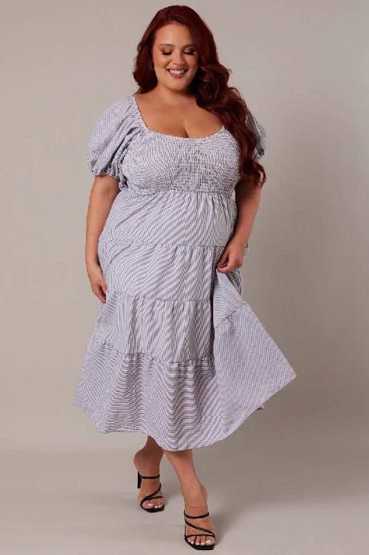 Clearance Sale White Stripe Midi Dress Short Sleeve Tiered