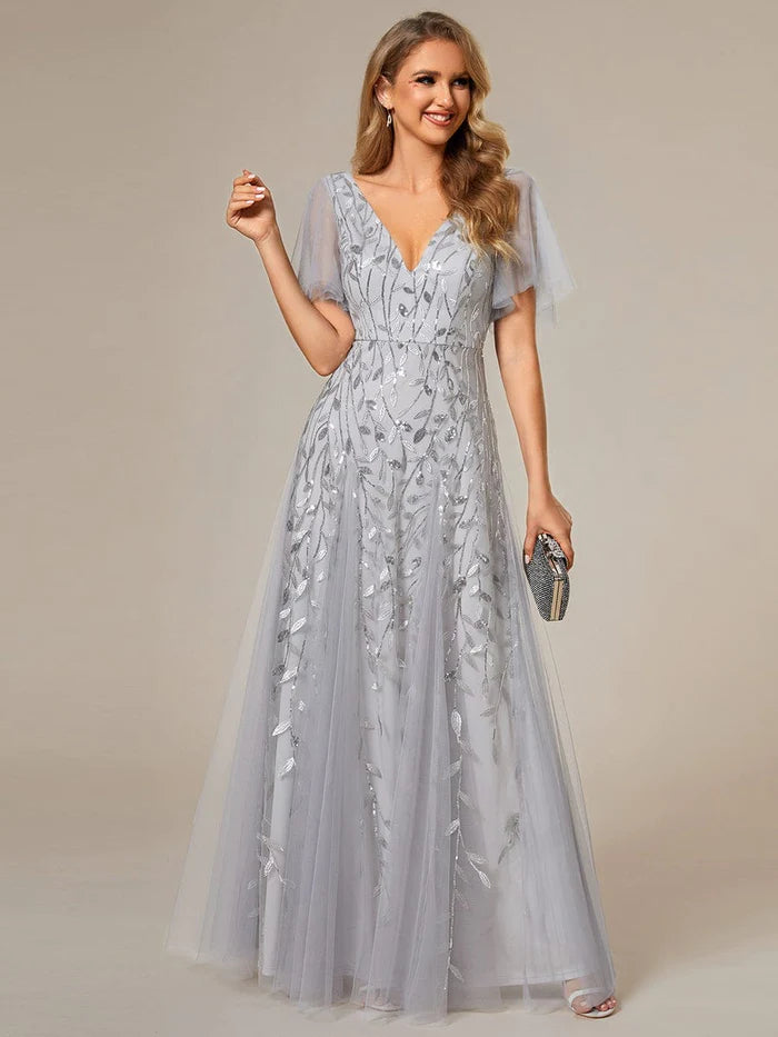 Value Deals Stunning V Neck Long Wedding Guest Dress with Ruffle Sleeves