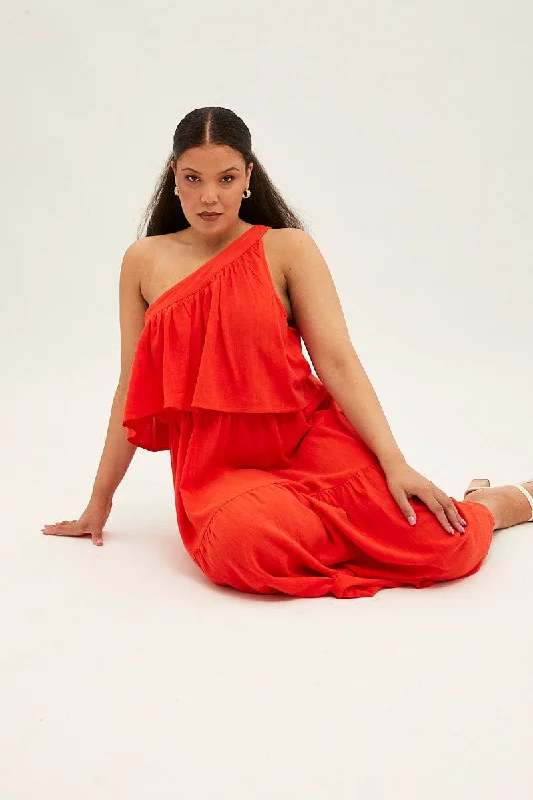 Midnight Madness Red Midi Dress One Shoulder Frill Linen Blend
