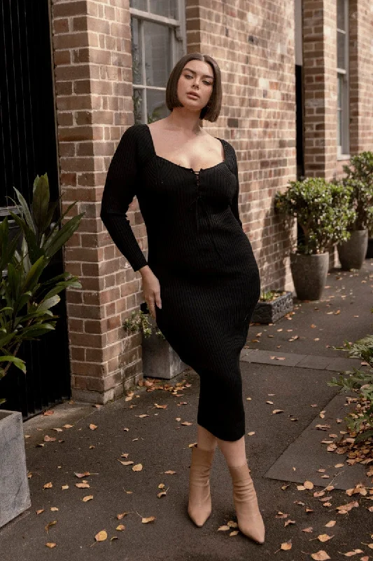 Final Markdown Black Knit Dress Lace Up Front Long Sleeve Rib
