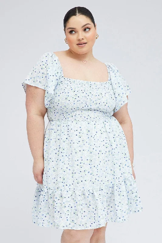 Big Savings Blue Ditsy Fit And Flare Dress Short Sleeve Shirred