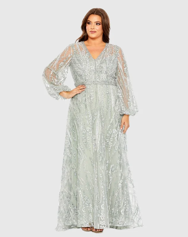 Early Access Light Blue V Neck Puff Sleeve Embroidered A Line Gown