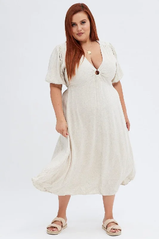 Can't Be Beat Beige Midi Dress Ring Linen Blend