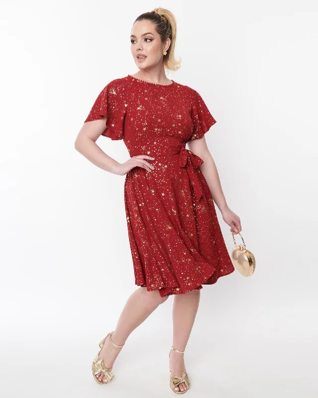 Online Specials Unique Vintage Deep Red & Gold Star Swing Dress | Red, gold stars