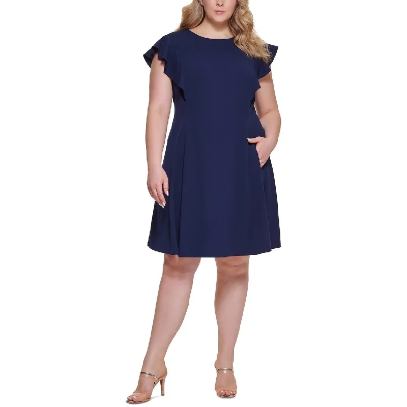 YEAR-End Sale Plus Womens Solid Crepe Fit and Flare Dress