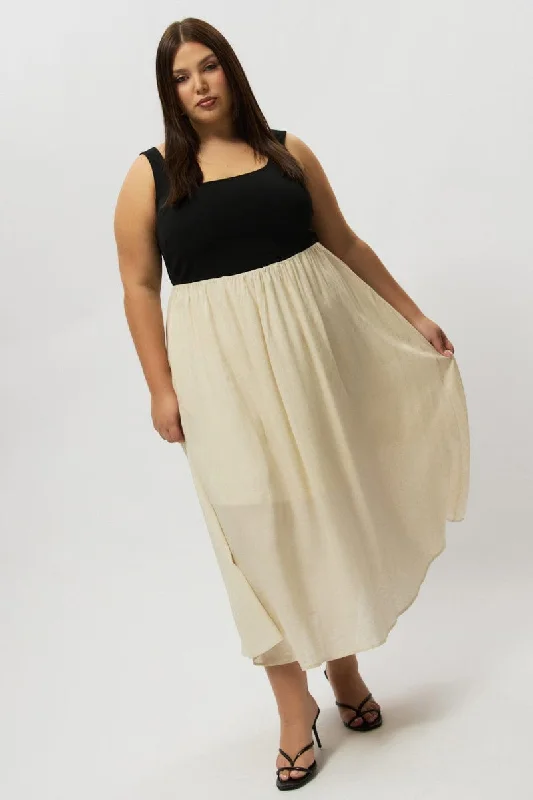 Deep Discounts Beige Midi Dress Sleeveless Scoop Neck Linen Blend