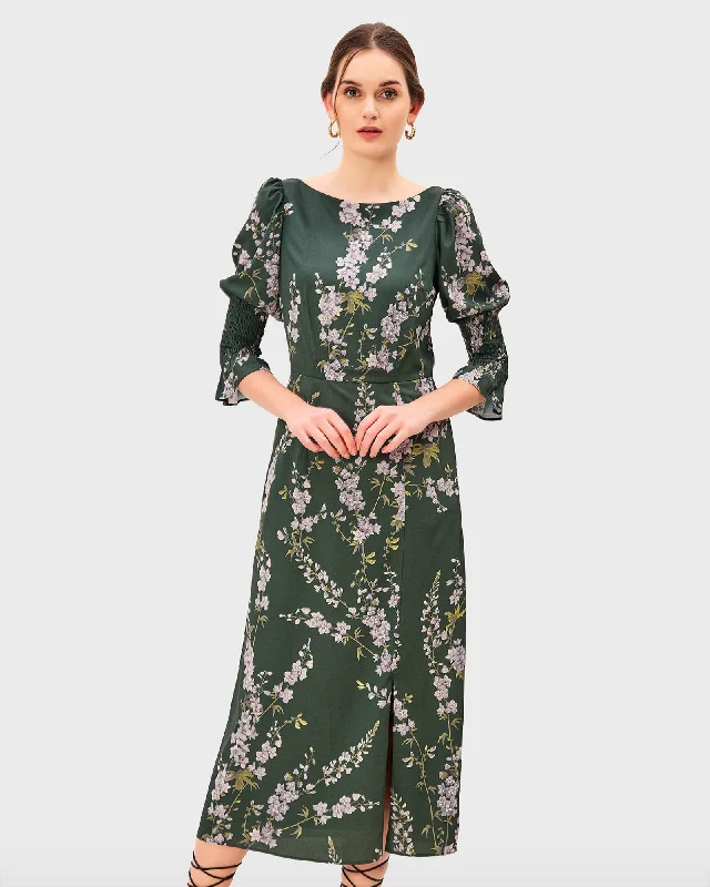 Friends and Family Sale Floral Print Crepe A-Line Dress | Deep Green