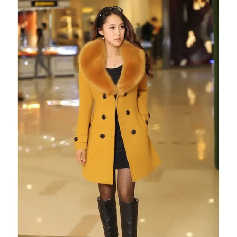 Price Meltdown MDG Women's Fine Fashion Golden Yellow Coat Jacket Premium Quality Fur Collar Designer Wool Coat Jacket Price Meltdown MDG Women's Fine Fashion Golden Yellow Coat Jacket Premium Quality Fur Collar Designer Wool Coat Jacket