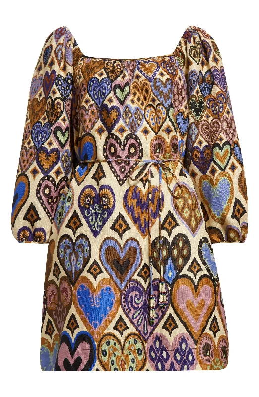 Don’t Miss Out Farm Rio Women's Long Sleeve Mini Dress, Hearts Ikat Cream