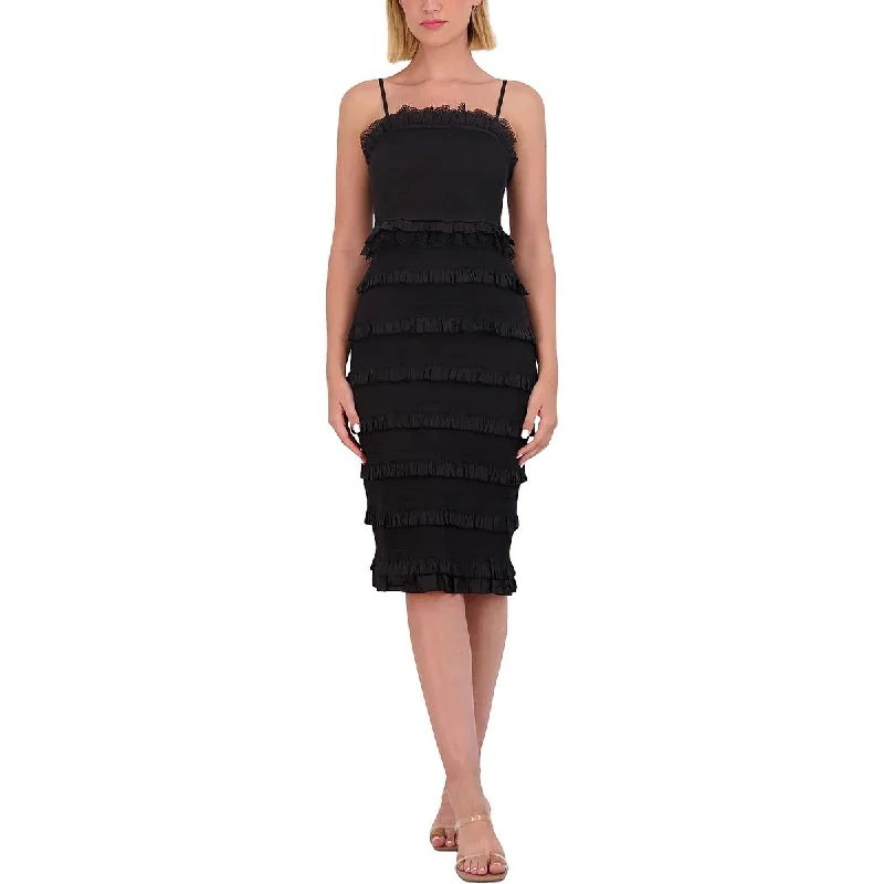 Members Only Petites Womens Lace Trim Ruffle Cocktail And Party Dress
