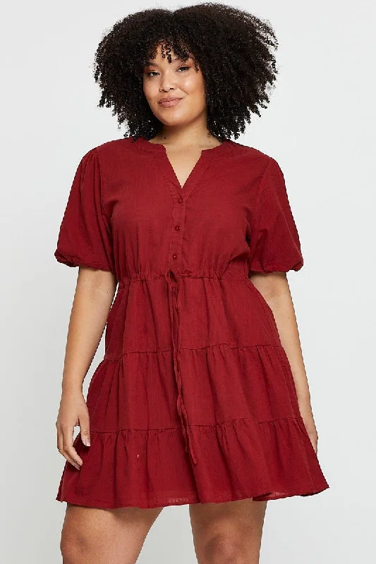 Mega Sale Brown Skater Dress V-neck Short Sleeve Button