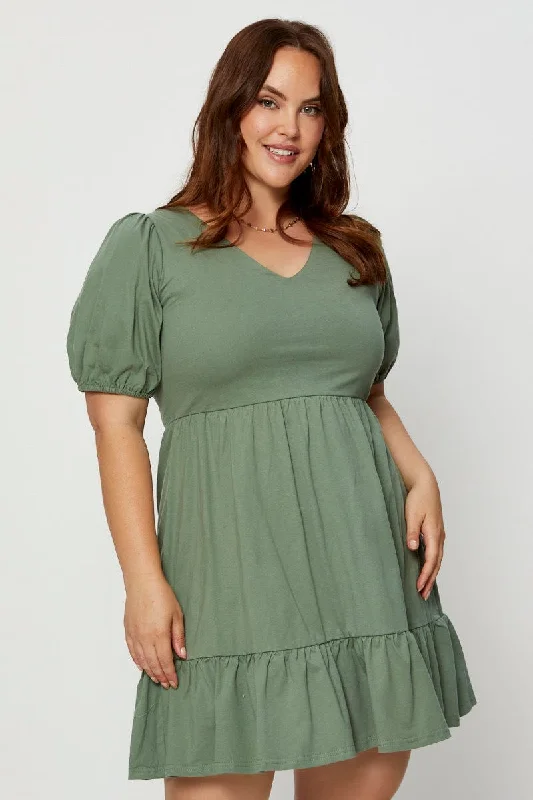 Clearance Items Green Skater Dress V-neck Puff Sleeve Ruffle Hem