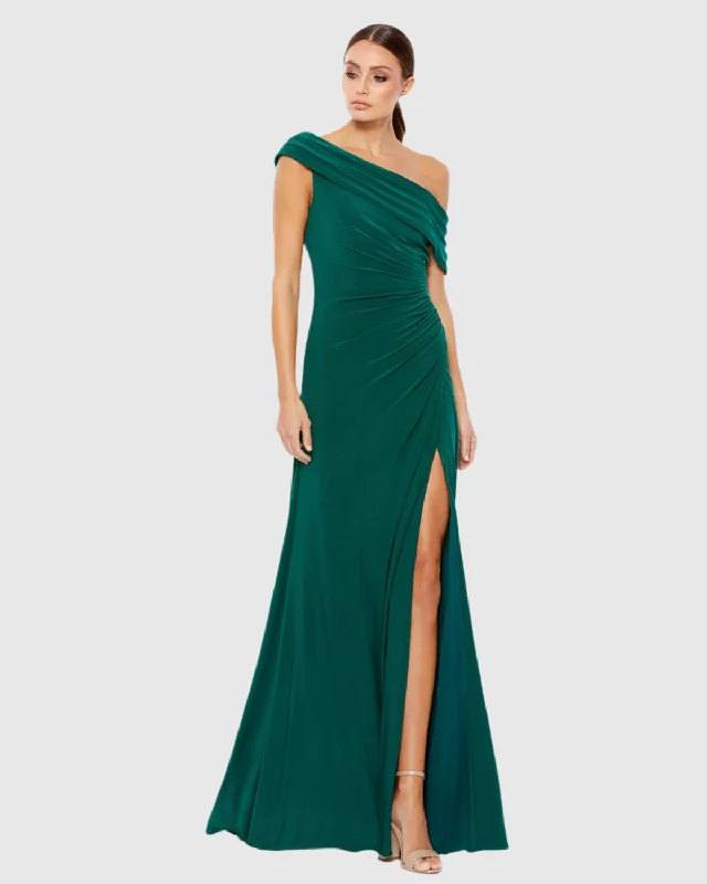 Best Bargains Dark Green Foldover Off-the-Shoulder Slit Gown