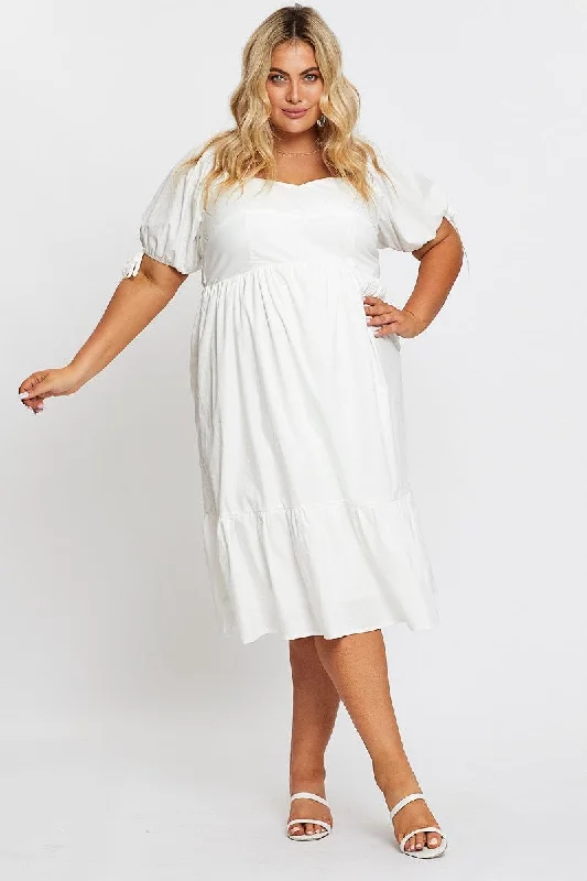Flash Sale White Short Puff Sleeve Bust Detail Dress