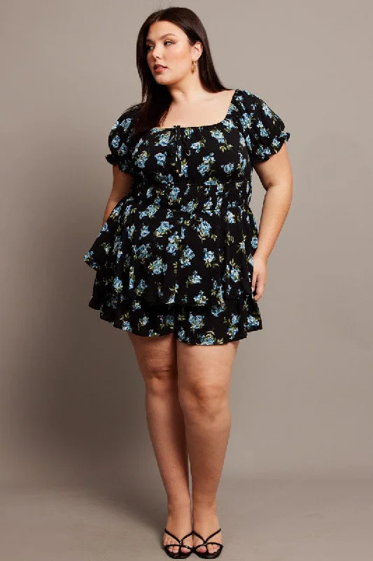 Major Savings Black Ditsy Ruffle Playsuit Short Sleeve