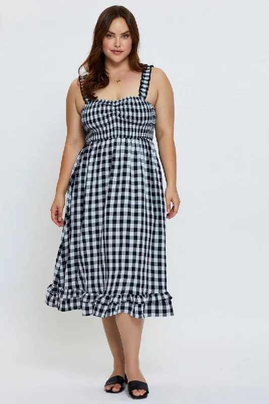 Flash Sale Check Midi Dress Square Neck Sleeveless