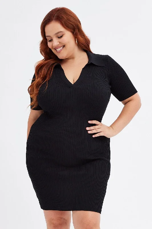 Limited Stock Black Knit Dress Short Sleeve Collared