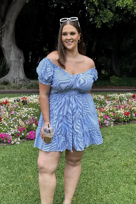 Huge Savings Blue Stripe V Neck Shirred Waist Minidress