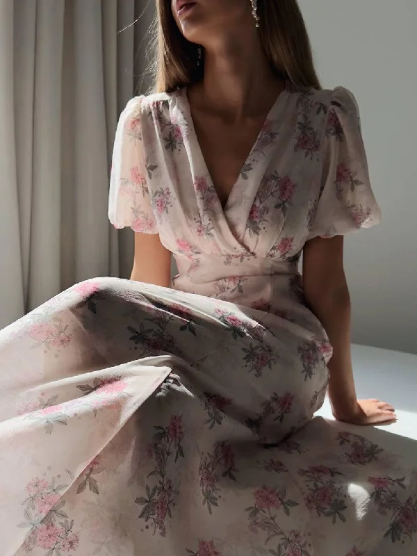 Deal Frenzy Elegant Pink Floral Midi Dress