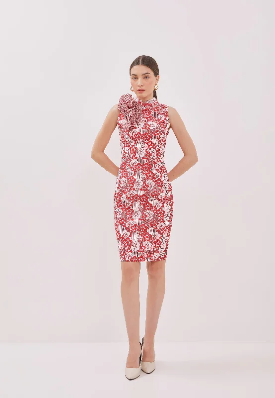 Customer Appreciation Sale BANGKIT Ruffles Red Batik Cheongsam Dress