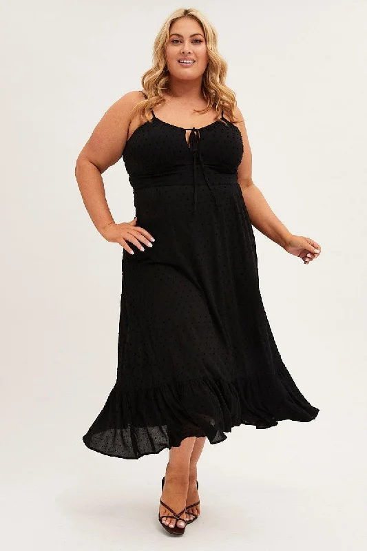 Major Savings Black Midi Dress Shoestring Strap Gather Bust Frill Hem