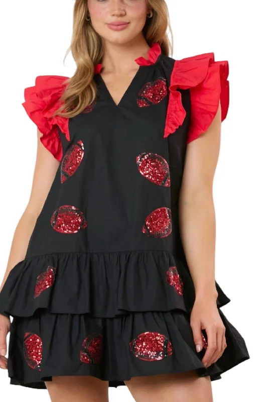 Best Deals Football Sequins Embroidery Color Block Dress In Black/red