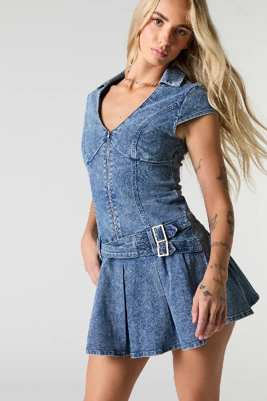 Lowest Prices Denim Zip-Up Belted Pleated Mini Dress