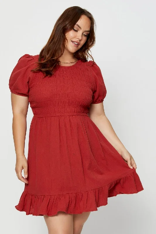 Deal Alert Brown Skater Dress Scoop Neck Short Sleeve Ruffle