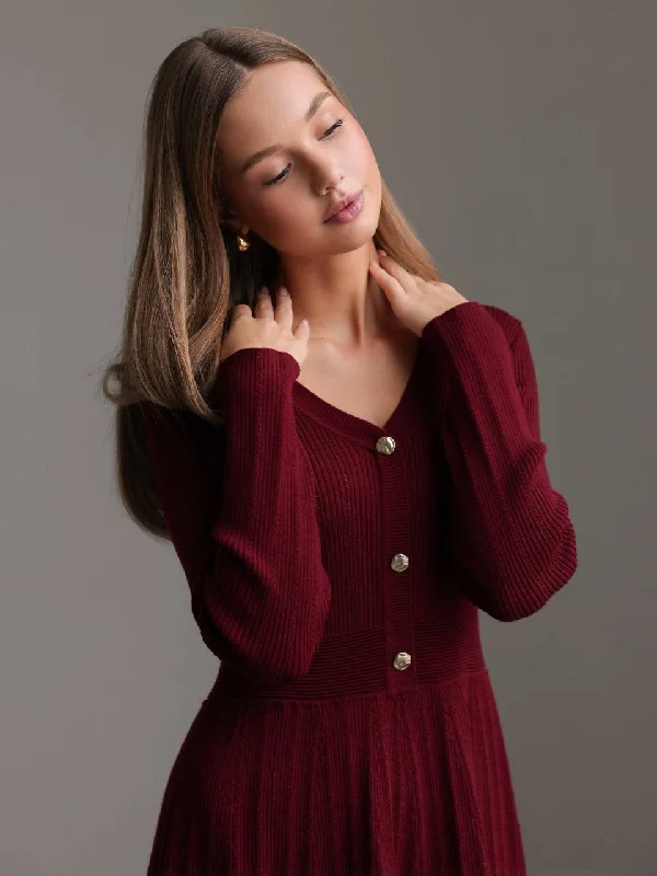 Major Savings Elegant Burgundy Knit Flare Dress