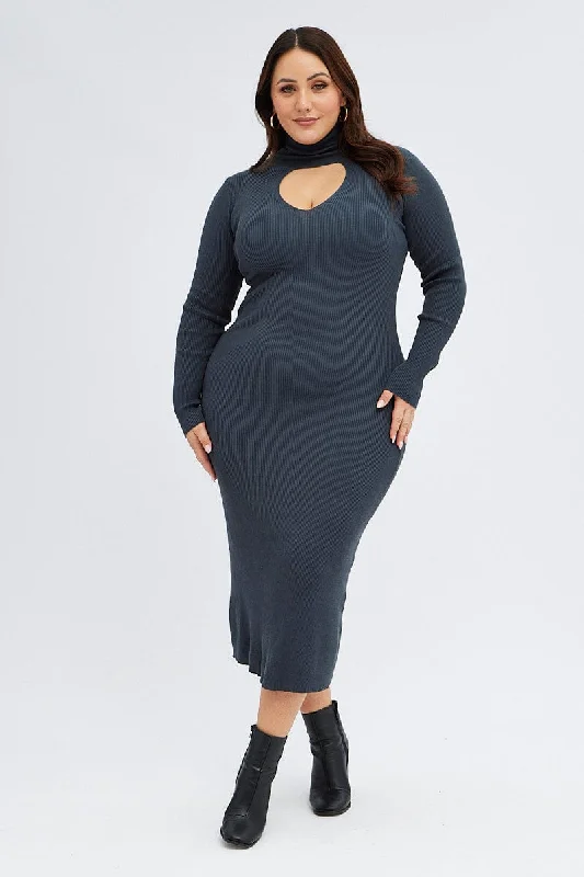 New Markdowns Grey Knit Dress Long Sleeve High Neck Cut Out