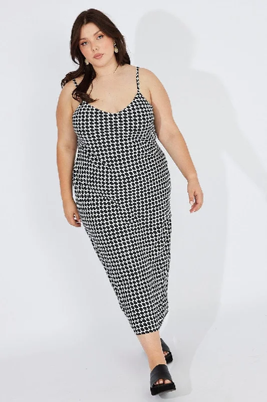 Price Slash Black Geo Shoestring Strap Slip Maxidress