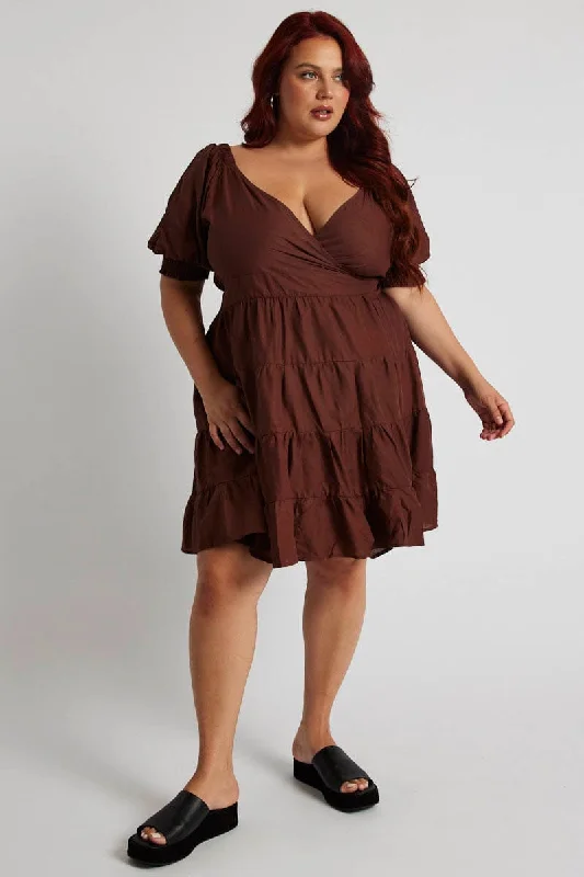 Can't Be Beat Brown Minidress Shirred Sleeve Wrap Linen Blend