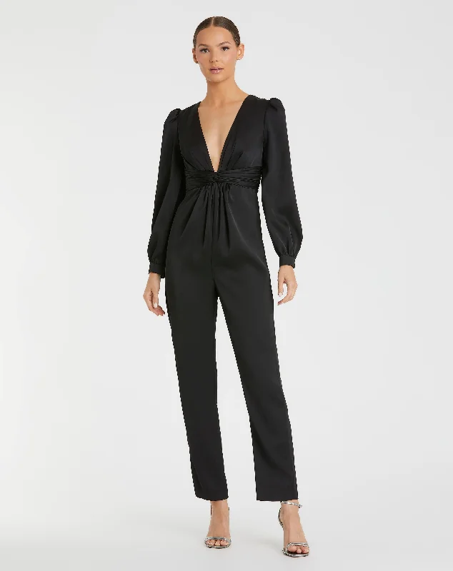 Online Only Black Front Twist Puff Sleeve Deep V Jumpsuit