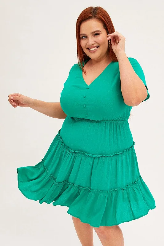 Take Advantage Green Mini Dress Short Sleeve Button Front Crinkle Rayon